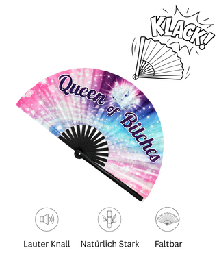 XXL Pride Fächer "Queen of Bitches" – 68 cm Handfächer mit Bambusrippen & lautem Klack-Effekt