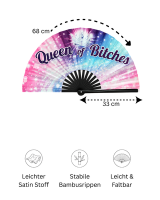XXL Pride Fächer "Queen of Bitches" – 68 cm Handfächer mit Bambusrippen & lautem Klack-Effekt