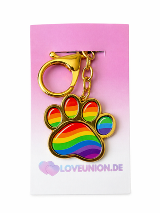 Exklusiver Pfoten Schlüsselanhänger – Regenbogen Pride Edition – Gold-Optik - Love-Union.de