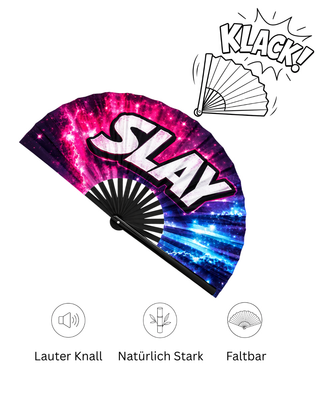 XXL Pride Fächer "Slay" – 68 cm Handfächer mit Bambusrippen & lautem Klack-Effekt