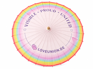 Pride Sonnenschirm aus Bambus – Rosa mit Regenbogen | "Visible. Proud. United."