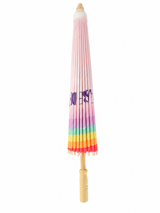 Pride Sonnenschirm aus Bambus – Rosa mit Regenbogen | "Visible. Proud. United."