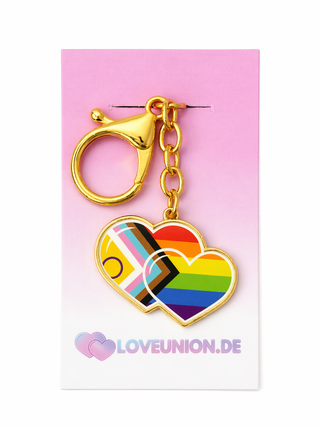Exklusiver Doppelherz Schlüsselanhänger – Progress-Pride Edition – Offizielles love-union.de Logo-Design in Gold - Love-Union.de