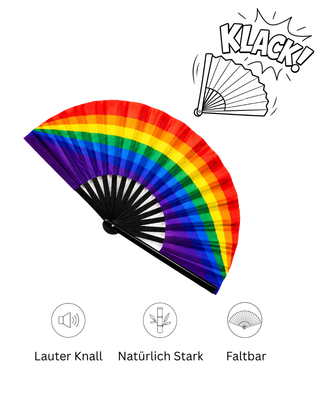 XXL Pride Fächer "Rainbow" – 68 cm Handfächer mit Bambusrippen & lautem Klack-Effekt